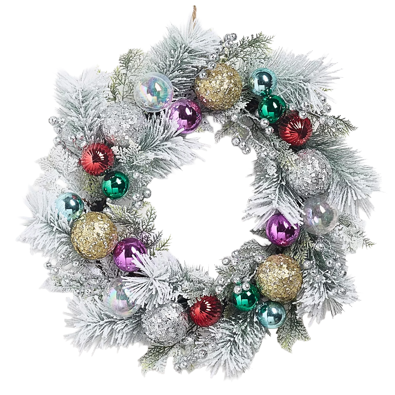 A decorative Christmas wreath featuring frosted pine branches, gold and silver glittery balls, and colorful ornaments in red, green, purple, and blue, accented with shimmering silver berries.