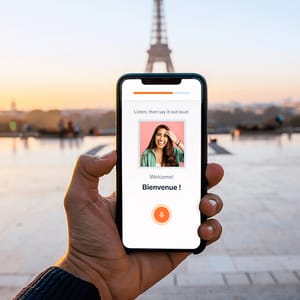 A smartphone displaying a language learning app with the Eiffel Tower in the background.
