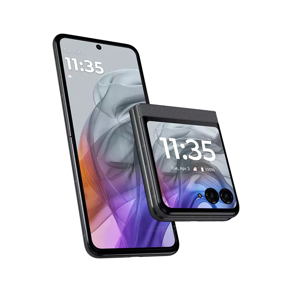 Foldable smartphone with primary display and secondary cover display, both showing time and date. Matte black finish with two camera lenses on the cover display.