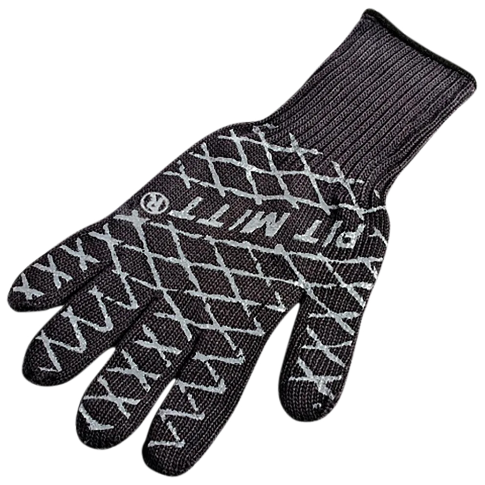 A black heat-resistant BBQ glove with white crisscross silicone grip patterns and ribbed wrist cuffs for protection.