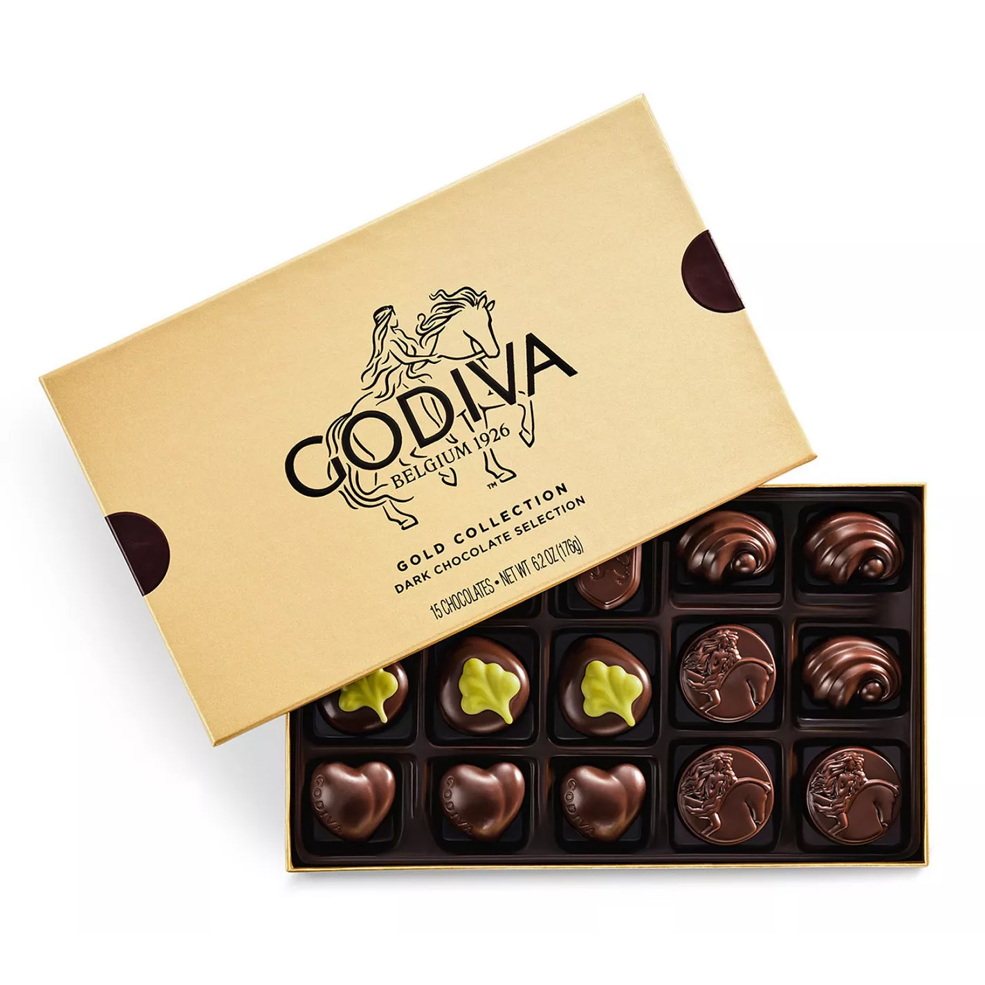 A Godiva Gold Collection box containing 15 pieces of assorted dark chocolate pralines, with an elegant gold cover.