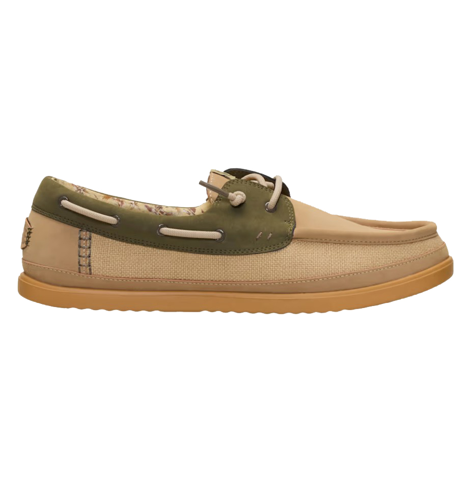 Tan and olive green boat shoe with a gum sole, featuring lace-up detailing and decorative stitching.
