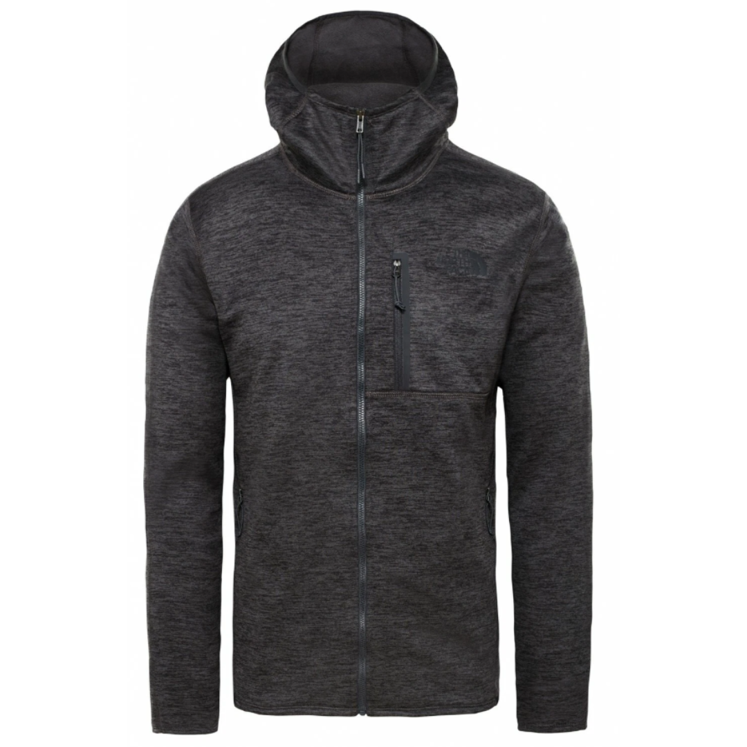 Dark gray full-zip hooded fleece jacket with a chest zipper pocket and a subtle logo on the chest.