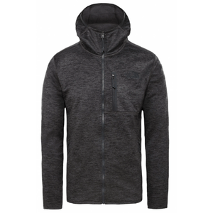 Dark gray full-zip hooded fleece jacket with a chest zipper pocket and a subtle logo on the chest.