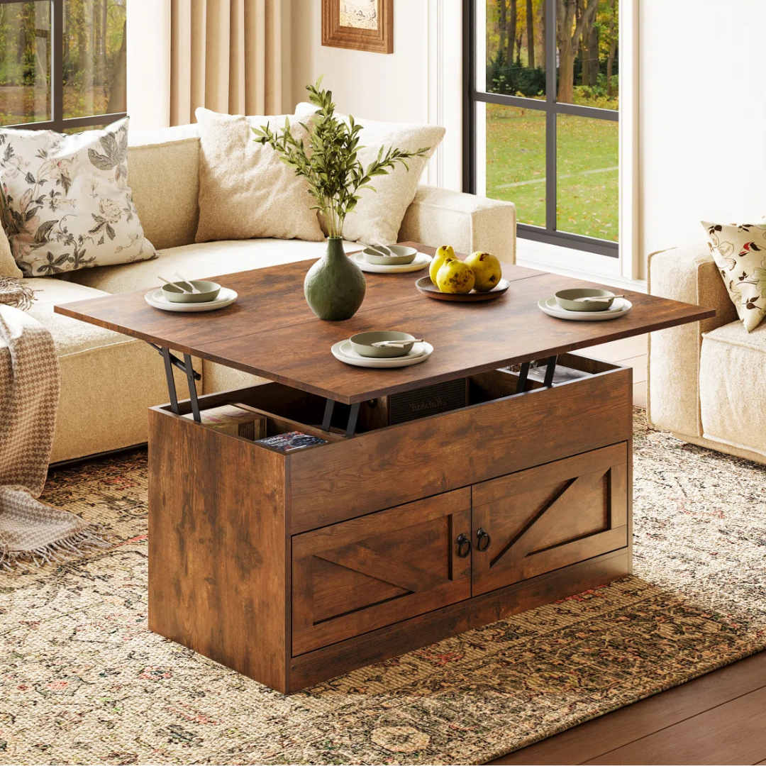 Lift-top coffee table with storage, featuring a rustic brown finish. Includes dishes, a green vase with foliage, and pears on a decorative rug in a cozy living room setting.