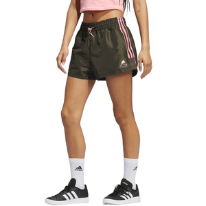 Adidas Lightweight Woven Shorts are dark green with pink stripes, featuring an elastic waistband and pink drawstring. They have a small triangular logo on the leg, perfect for casual and athletic wear.
