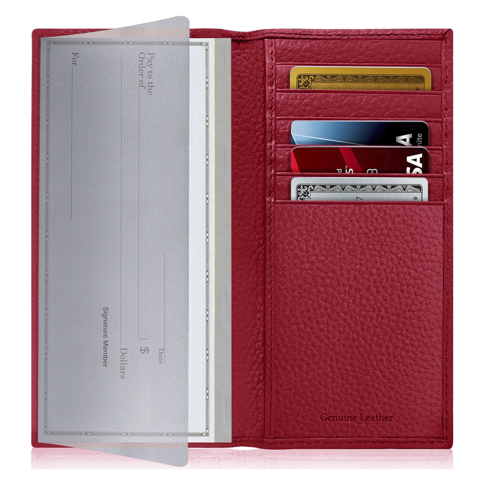 Red genuine leather checkbook cover with multiple card slots, holding several credit cards and checks.