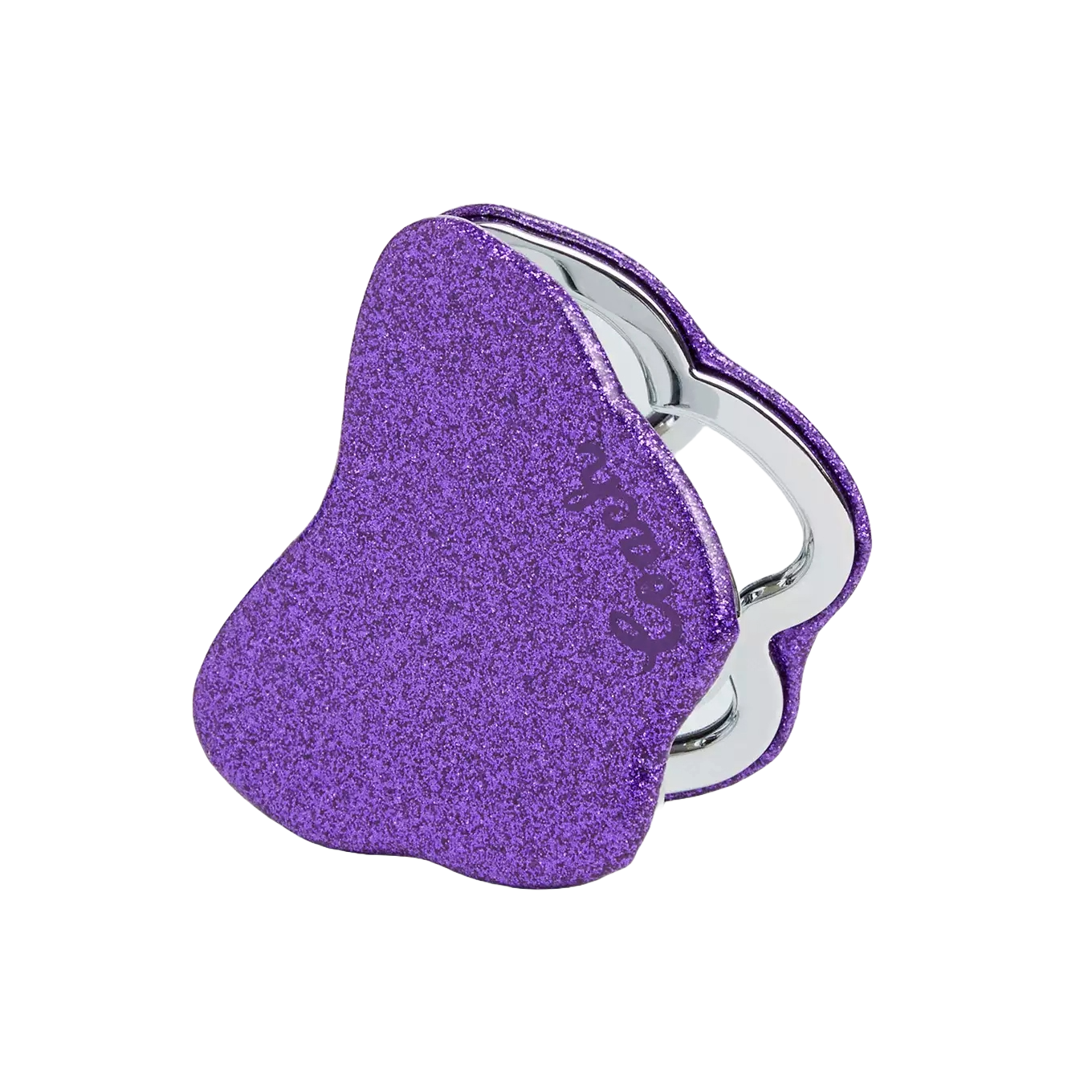 The Coach Glitter Butterfly Compact Mirror features a sparkly purple butterfly design with curved edges and silver trim, offering a stylish and portable accessory for on-the-go touch-ups.