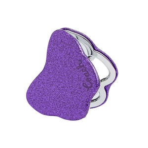 The Coach Glitter Butterfly Compact Mirror features a sparkly purple butterfly design with curved edges and silver trim, offering a stylish and portable accessory for on-the-go touch-ups.