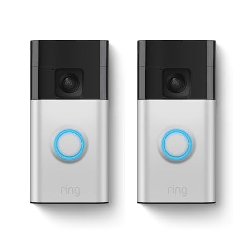 Two Ring Video Doorbells with black tops and silver bodies, each featuring a camera lens and an illuminated blue circular button below.