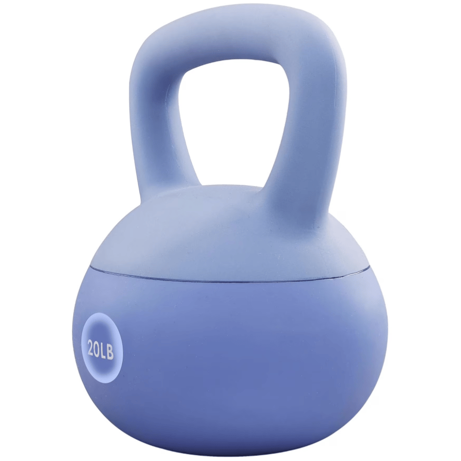 A light blue kettlebell with a weight of 20 pounds, featuring a sturdy grip handle.
