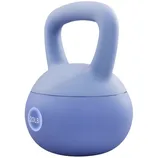A light blue kettlebell with a weight of 20 pounds, featuring a sturdy grip handle.