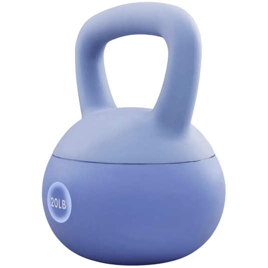 A light blue kettlebell with a weight of 20 pounds, featuring a sturdy grip handle.