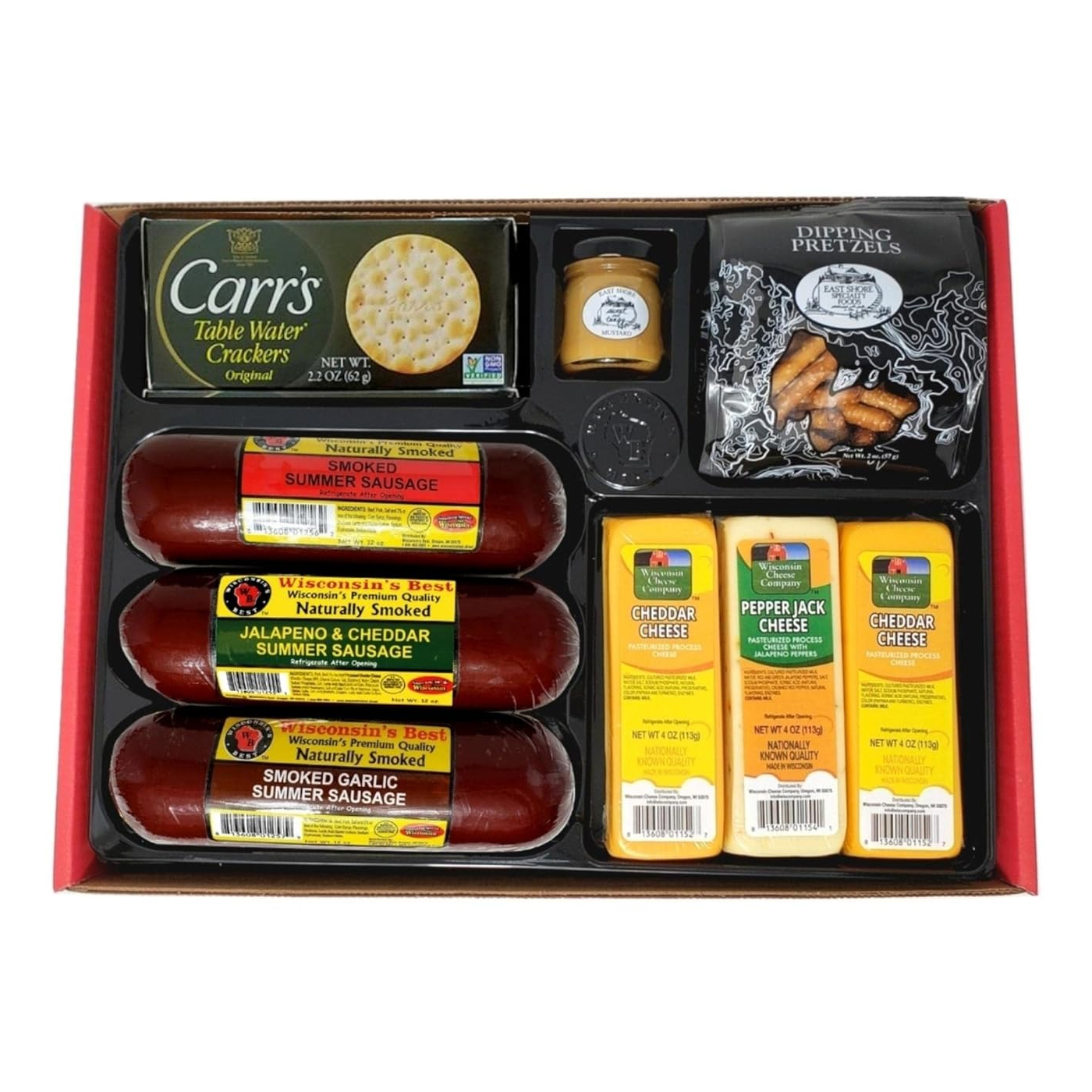 Sausage and Cheese Party Box contains smoked summer sausage, jalapeno & cheddar summer sausage, smoked garlic summer sausage, cheddar cheese, pepper jack cheese, crackers, dipping pretzels, and mustard.