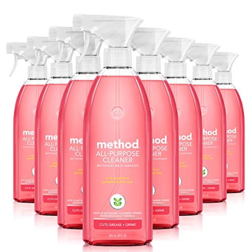 Method All-Purpose Cleaner, pink grapefruit scent, in a spray bottle, set of eight, 28 fl oz each; designed to cut grease and grime with plant-based cleaning power.