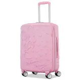 Pink hard-shell suitcase with a Minnie Mouse design and four spinner wheels.