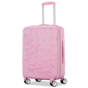 Pink hard-shell suitcase with a Minnie Mouse design and four spinner wheels.