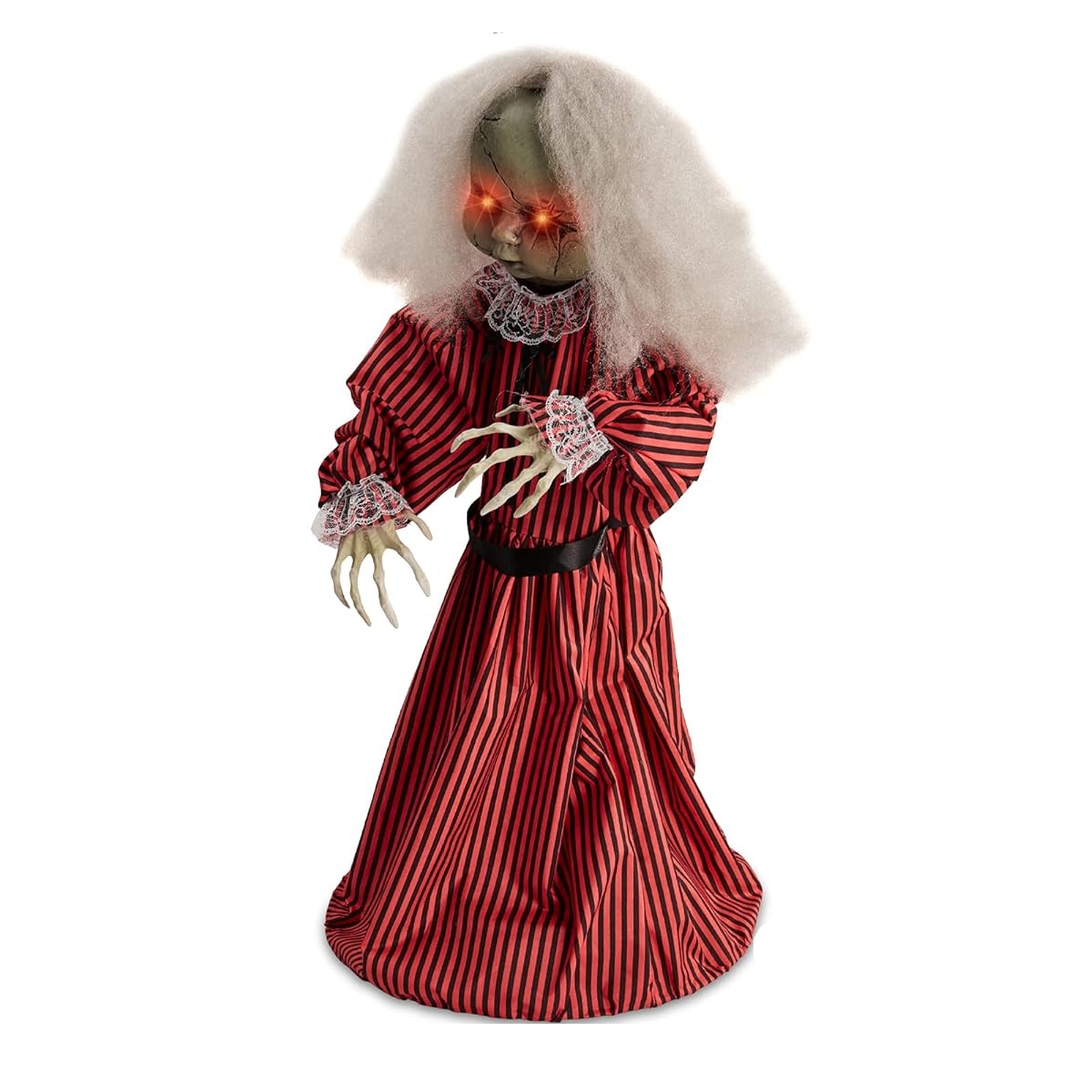 A decorative Halloween doll with red glowing eyes, red and black striped attire, and white hair and lace details.