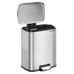 A stainless steel trash can with a foot pedal and an open lid, from Songmics.