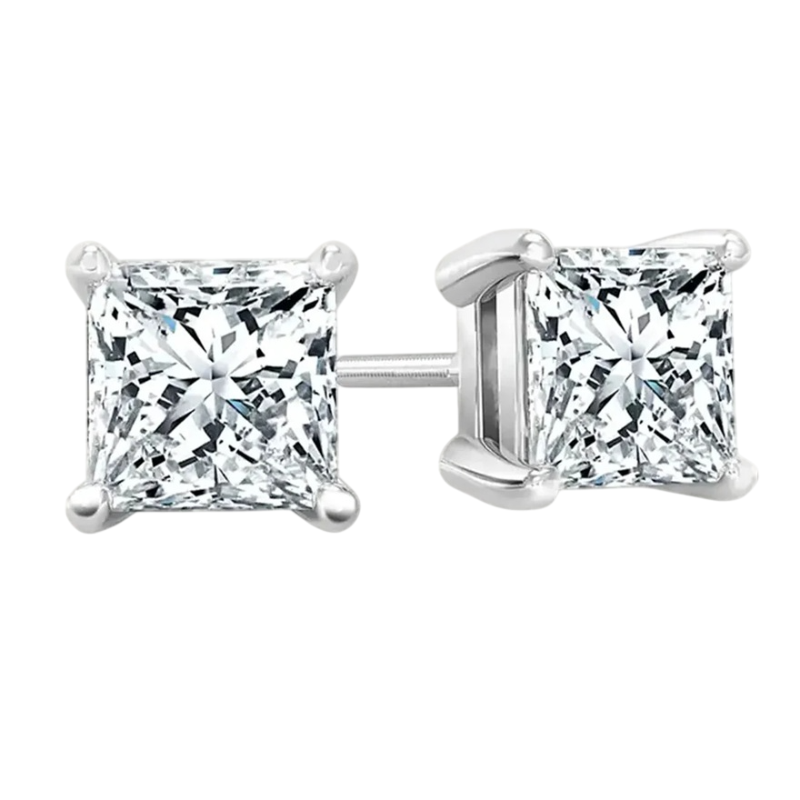 A pair of princess-cut diamond stud earrings set in a four-prong metal setting, likely white gold or platinum, with screw-back posts for secure wear.