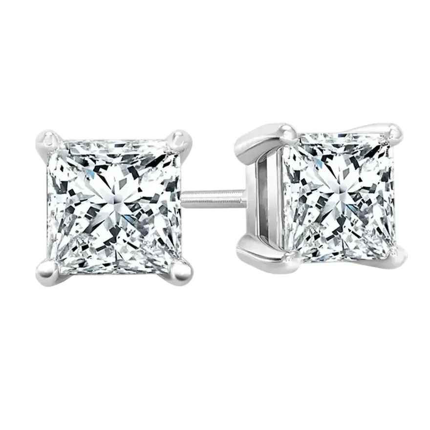A pair of princess-cut diamond stud earrings set in a four-prong metal setting, likely white gold or platinum, with screw-back posts for secure wear.