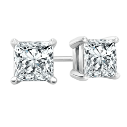 A pair of princess-cut diamond stud earrings set in a four-prong metal setting, likely white gold or platinum, with screw-back posts for secure wear.