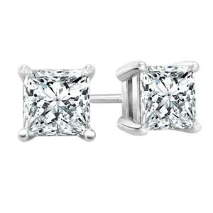 A pair of princess-cut diamond stud earrings set in a four-prong metal setting, likely white gold or platinum, with screw-back posts for secure wear.