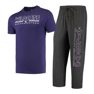 Purple \“Northwestern Wildcats\“ t-shirt paired with gray lounge pants, both featuring team graphics.