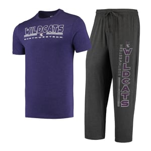 Purple \“Northwestern Wildcats\“ t-shirt paired with gray lounge pants, both featuring team graphics.