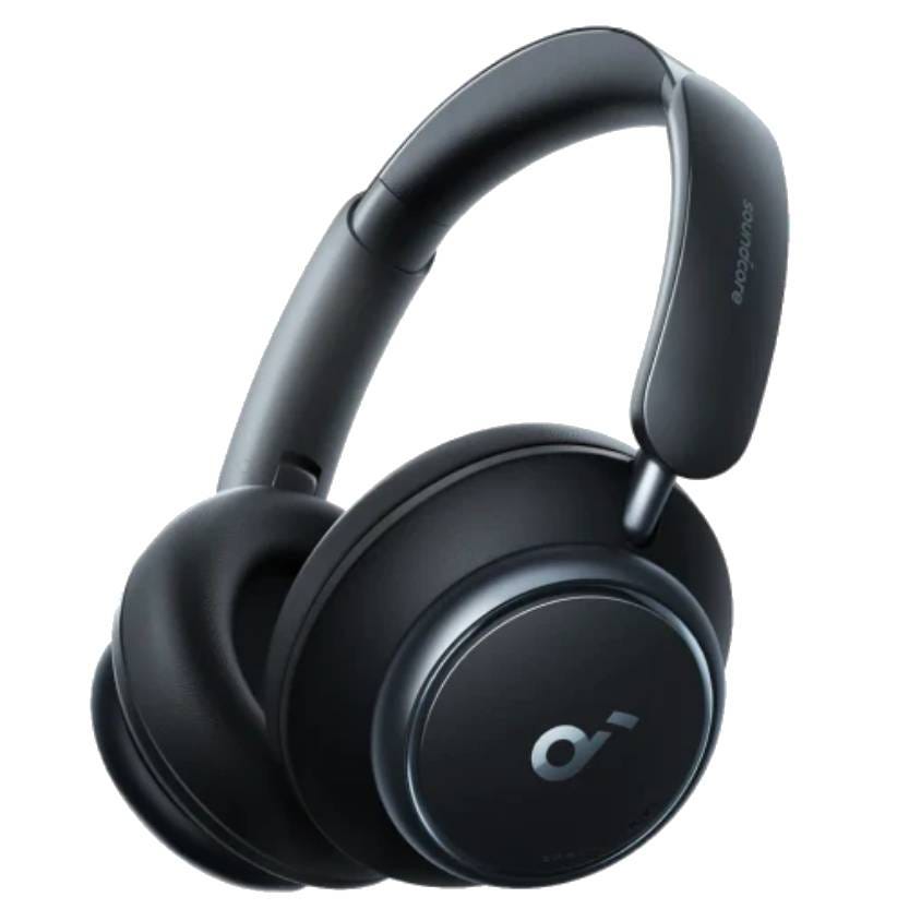 Black over-ear headphones with a logo on the ear cup, featuring padded headband and ear cushions.