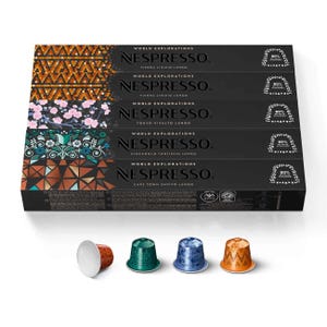Nespresso World Explorations coffee capsules are shown, featuring Vienna Linizio Lungo, Tokyo Vivalto Lungo, Stockholm Fortissio Lungo, and Cape Town Envivo Lungo, each with distinct colorful packaging.
