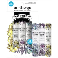 Poo~Pourri On-the-Go Before-You-Go Toilet Spray set includes scents: Original Citrus, Lavender Vanilla, and Fresh Air. Each bottle is 0.34 fl oz (10 ml) with 20 uses. Made with 100% natural essential oils.