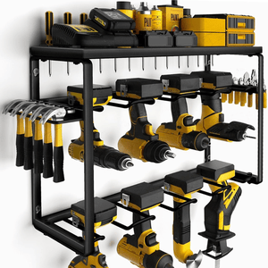 A wall-mounted tool organizer holds power drills, hammers, screwdrivers, battery chargers, and paint containers, with a black and yellow color scheme.