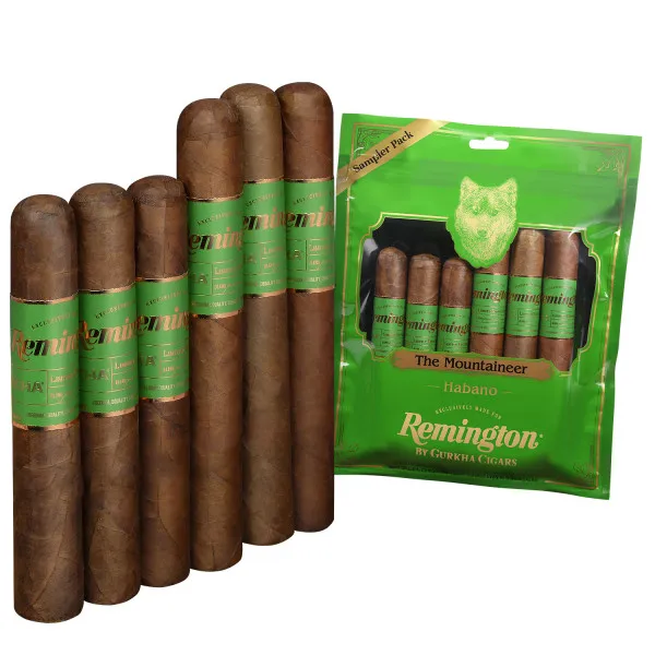 A sampler pack of Remington by Gurkha Cigars, featuring \“The Mountaineer Habano\“ with a green packaging and multiple cigars displayed.
