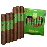 A sampler pack of Remington by Gurkha Cigars, featuring \“The Mountaineer Habano\“ with a green packaging and multiple cigars displayed.
