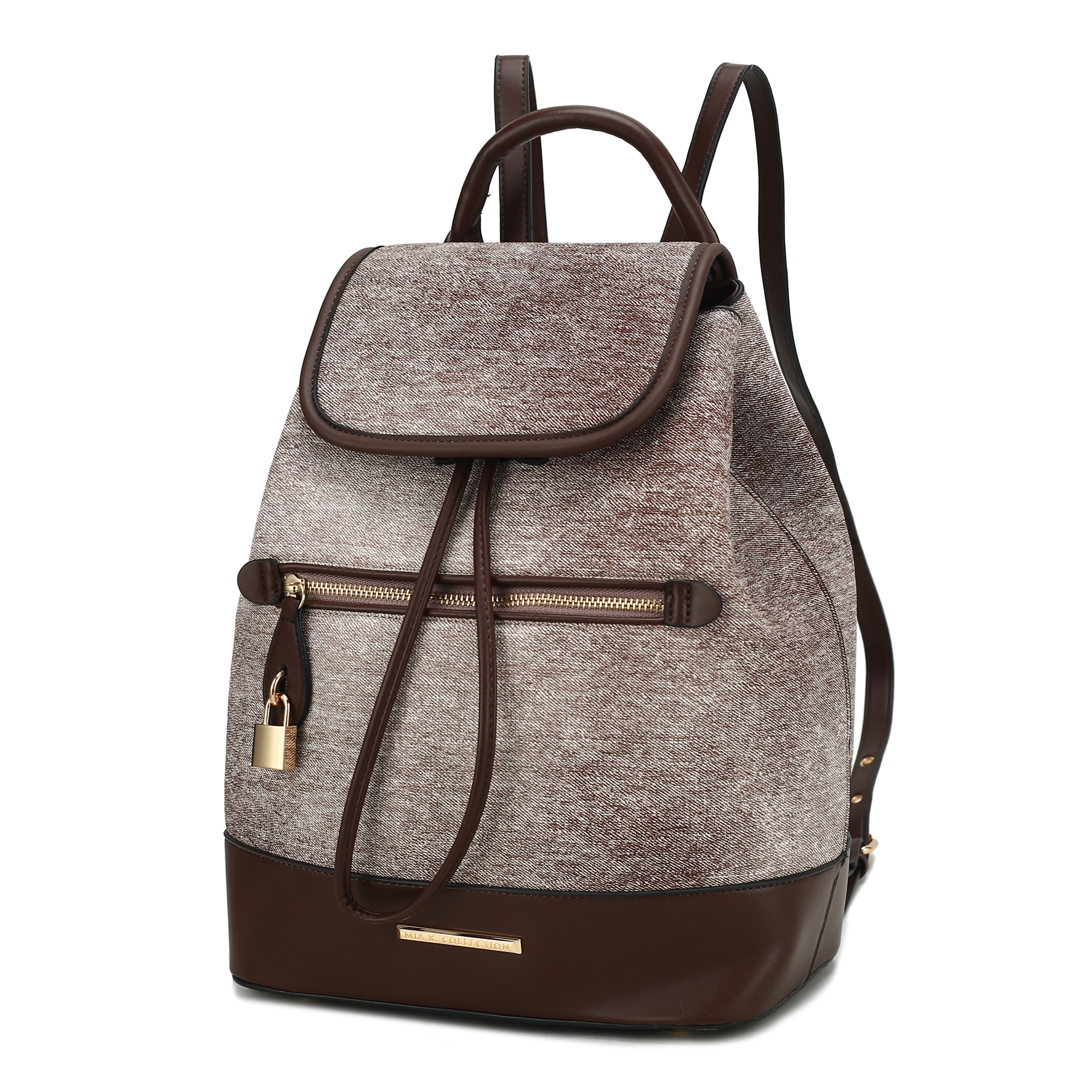 A stylish backpack features a brown and gray textured fabric design, with a front zipper pocket, drawstring closure, and leather accents, including a small lock detail.