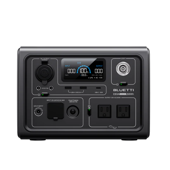 BLUETTI EB3A portable power station with 600W output and 268Wh capacity, featuring multiple outlets including AC, USB, and 12V DC, as well as an LCD display and light.