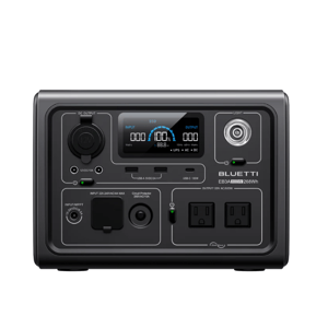 BLUETTI EB3A portable power station with 600W output and 268Wh capacity, featuring multiple outlets including AC, USB, and 12V DC, as well as an LCD display and light.