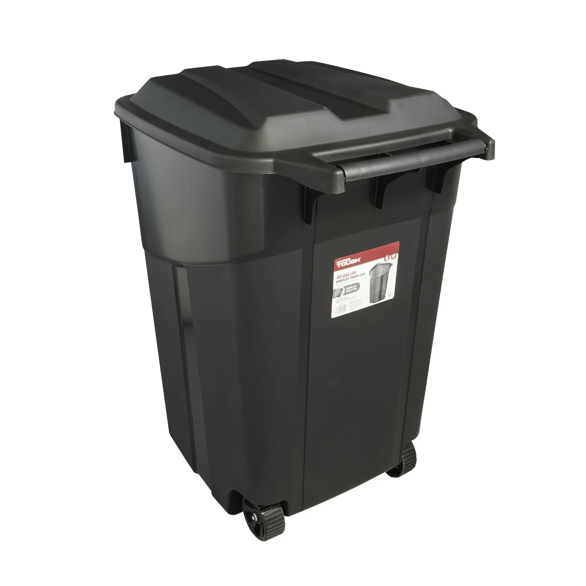 Black wheeled garbage bin with a lid.