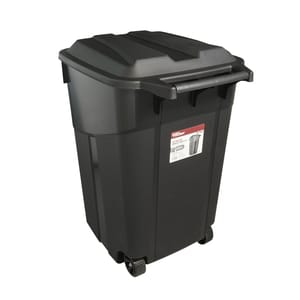 Black wheeled garbage bin with a lid.
