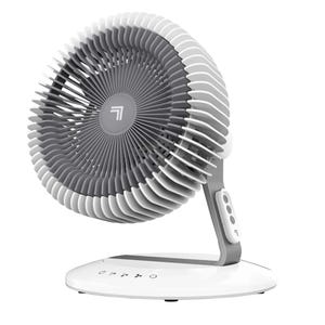Vornado oscillating fan with remote control features a modern design with a circular mesh grill and adjustable stand. The base contains touch controls, while the remote is attached to the side.