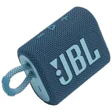 A compact, blue JBL portable Bluetooth speaker with a fabric cover and an integrated carrying loop, designed for on-the-go audio.