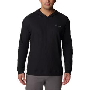 A black Columbia knit hoodie with long sleeves, featuring a small logo on the chest, designed for casual wear.