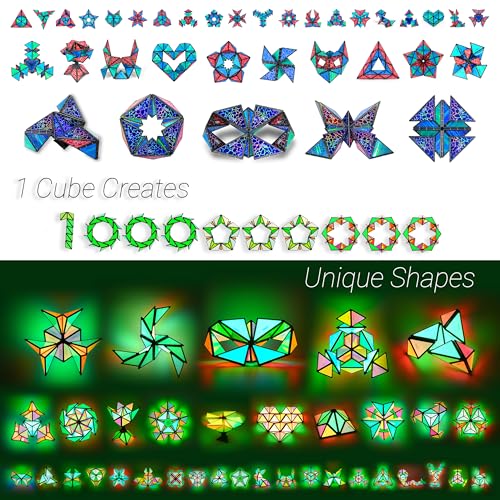 The image shows various geometric shapes and designs created from a cube, emphasizing versatility in forming unique patterns, such as hearts and stars.