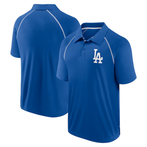 Blue polo shirt with a white LA logo on the front and white trim along the shoulders and back.
