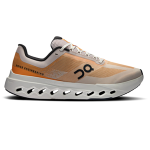 On Cloudstratus running shoe in a beige colorway, featuring Swiss engineering, with a distinctive CloudTec sole design for enhanced cushioning.