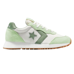 A green and white sneaker featuring a star and chevron design on the side, with a suede and leather upper and a gum sole.