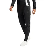 Black athletic joggers featuring the Adidas logo on the right thigh, worn with a matching black long-sleeve top and white athletic shoes.