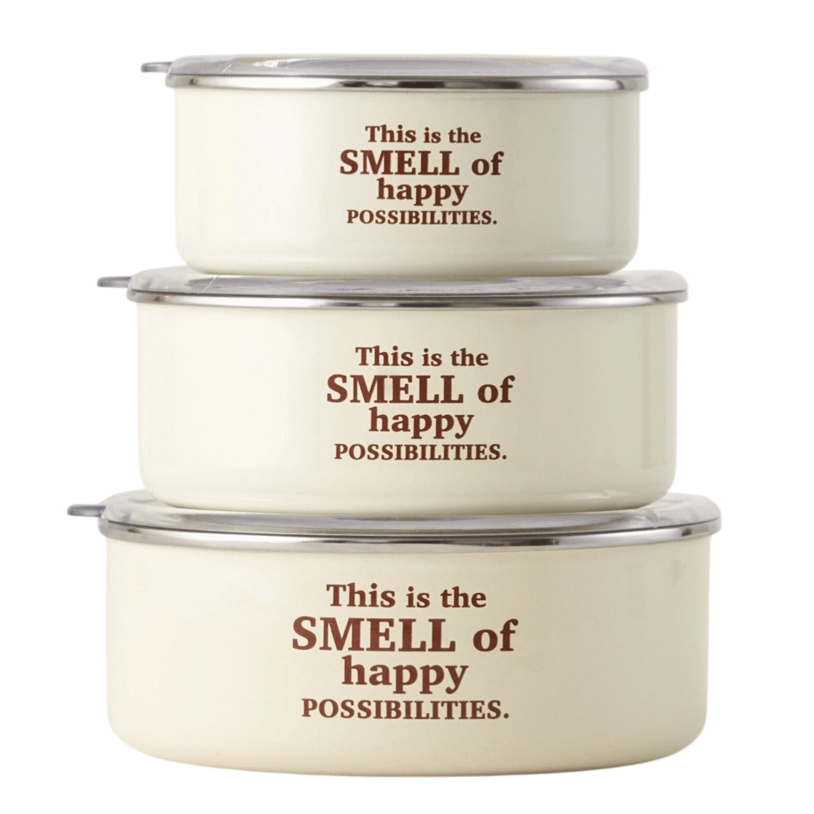Three stacked, round cream-colored containers with clear lids, featuring the phrase \“This is the SMELL of happy POSSIBILITIES.\“