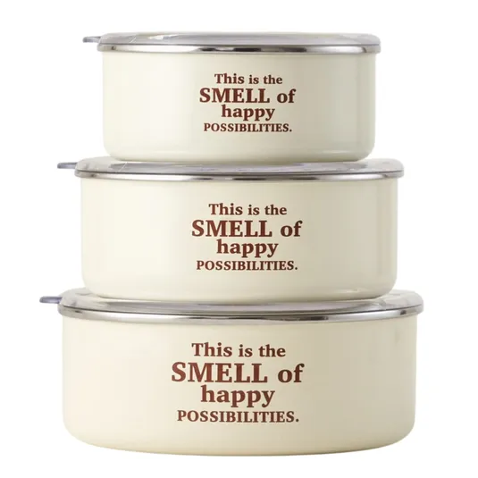 Three stacked, round cream-colored containers with clear lids, featuring the phrase \“This is the SMELL of happy POSSIBILITIES.\“